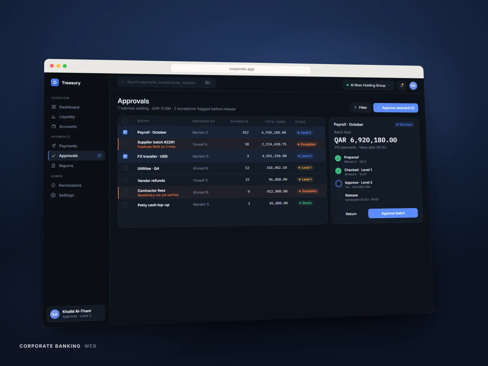 Bulk payment batch approval screen with exception highlighting