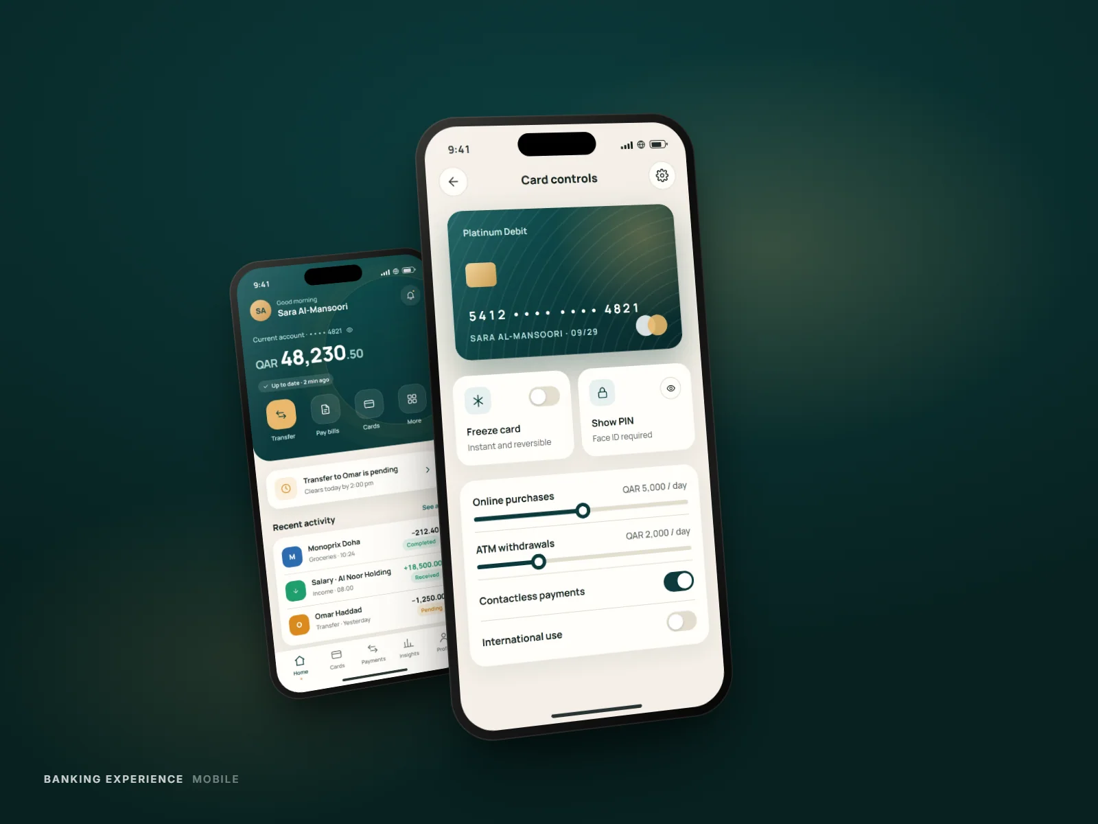 Card controls screen with freeze and spending-limit toggles
