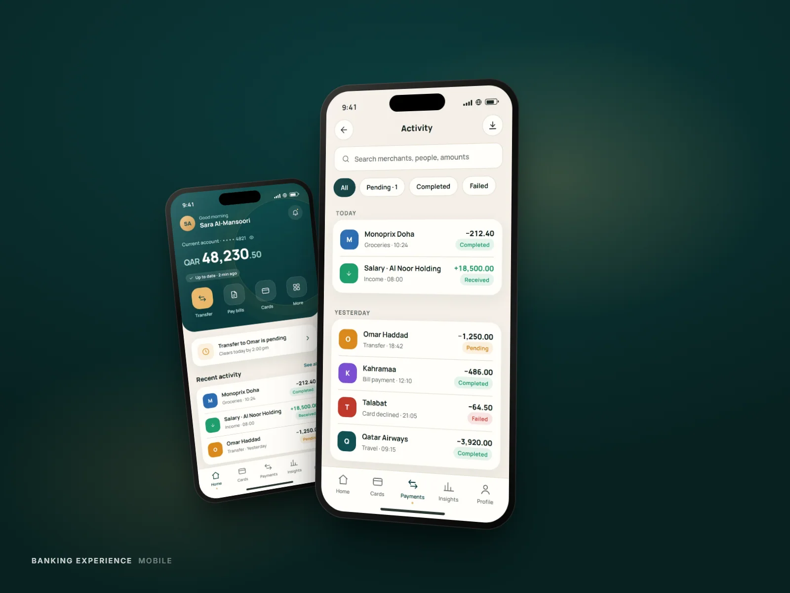 Activity feed with colour-coded transaction status