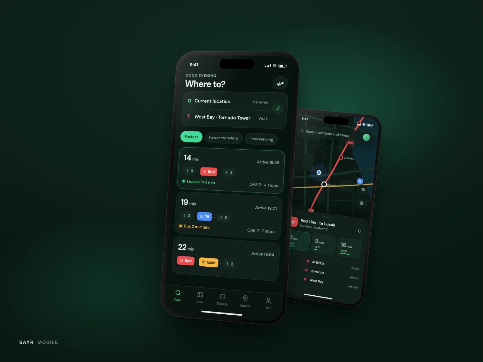 Sayr trip planner with live arrival countdown